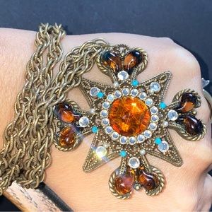 Capri Cross Rhinestones Necklace Amber Rare Filigree Vintage Signed Stones Beads